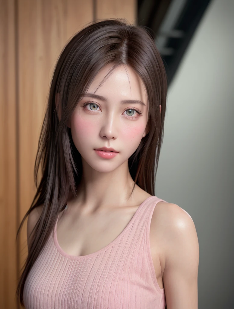 8K, Best Quality, masutepiece, Ultra High Resolution, (Realism: 1.3), Original photo, (Realistic skin texture: 1.3), (Film grain: 1.3), (Selfie angle), 1 girl, Pink clothes, Sapphire eyes and beautiful face details, masutepiece, Best Quality, close-up, Upper body top quality image quality pull-up