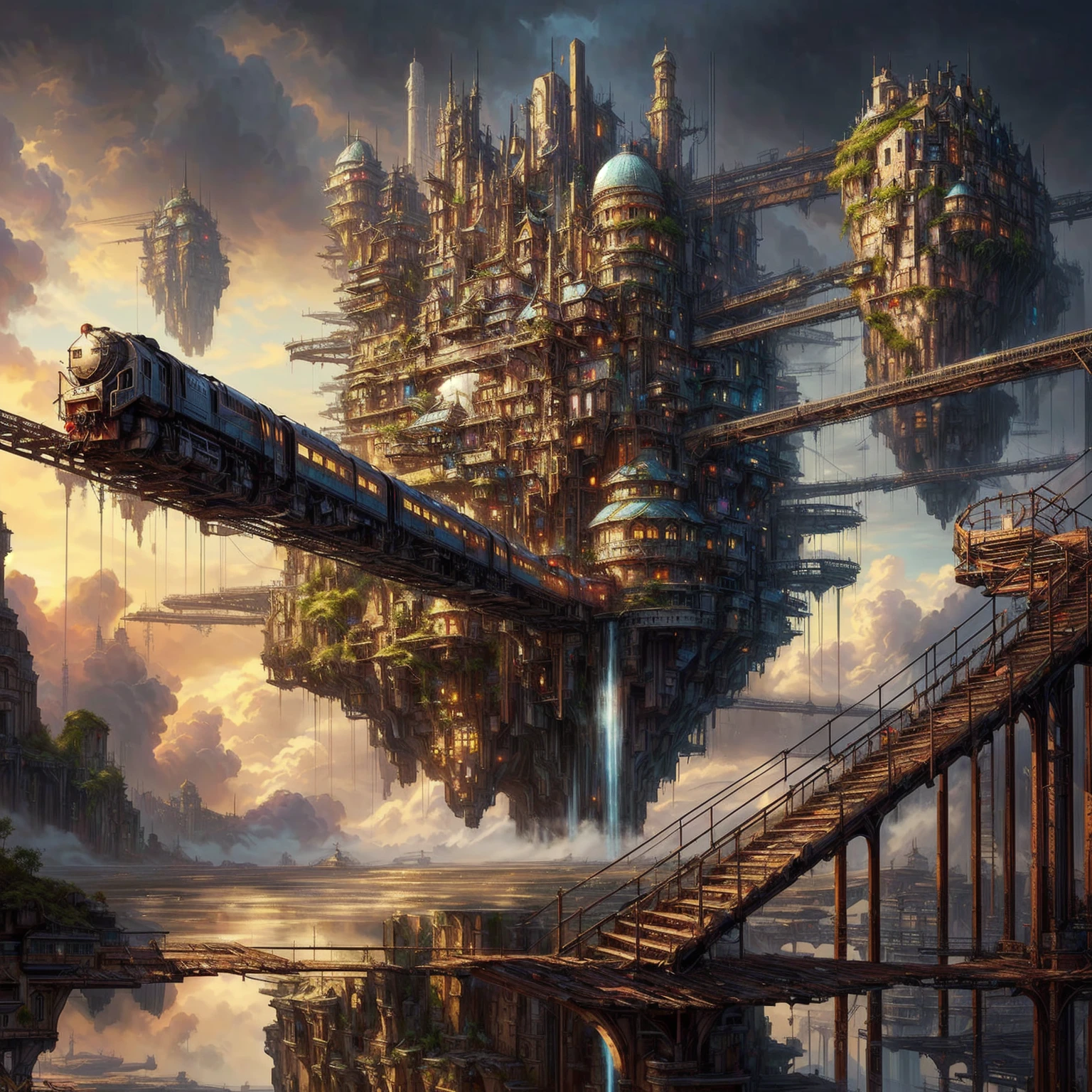 futuristic city with a train going over a bridge and a river, sci-fi fantasy wallpaper, floating city in the sky, floating city on clouds, symmetrical epic fantasy art, floating city, fantasy architecture, sci-fi fantasy desktop wallpaper, science fantasy painting, 4k highly detailed digital art, ancient sci - fi city, epic fantasy sci fi illustration