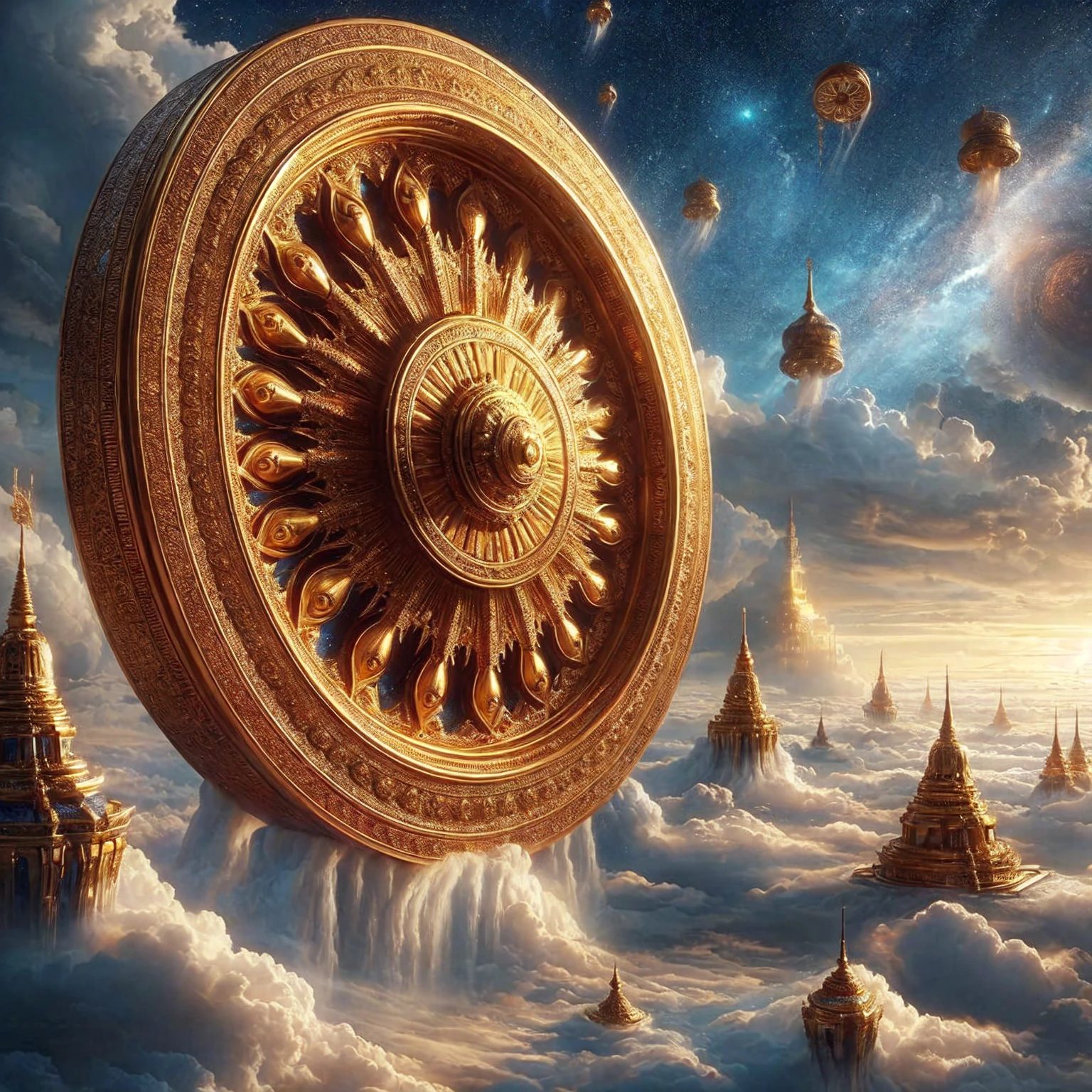 Ornate golden wheel , cloud background , realistically