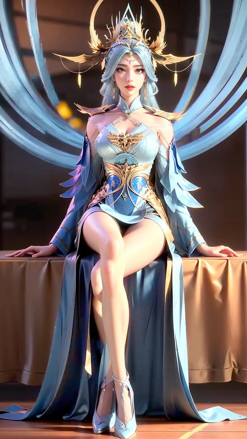 cheongsam,((whole body)), ((sit)), ((Longer hem, Sexy long legs)), ((Bare shoulders)),Model, Young beautiful girl, Striking an elegant pose, Charming posture, hot and cold, Beautiful and delicate eyes, Full breasts, slim, feature, masterpiece, best quality, Official Art, Rich details, Clear face, Professional lighting, Physically Based Rendering, necklace, Light makeup,Starry sky background,sit on the stars,(((Light blue long hair))),(((Blue Eyes)))
