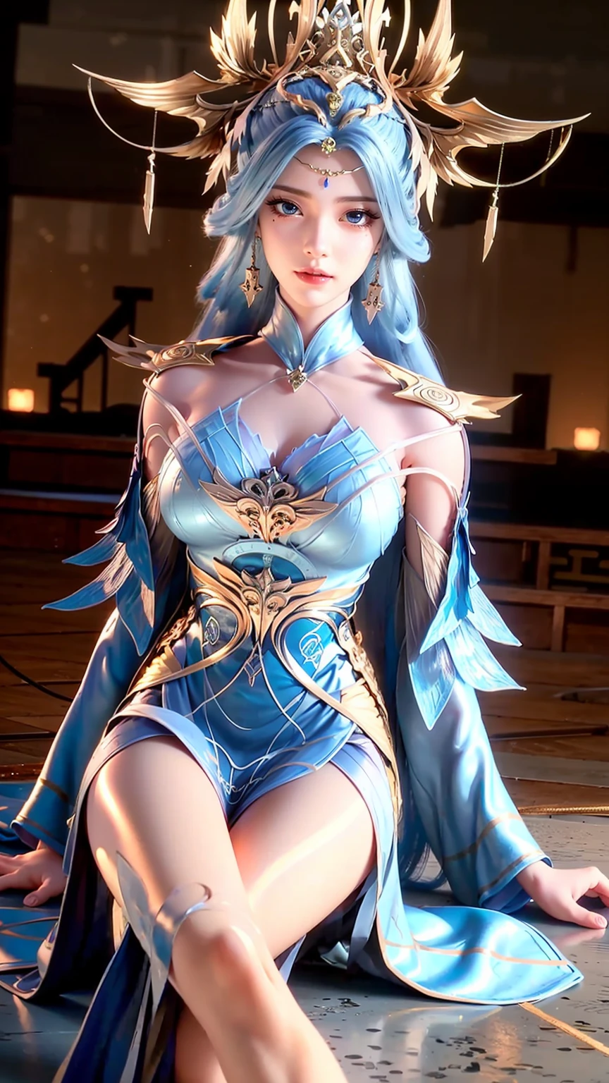 cheongsam,((whole body)), ((sit)), ((Longer hem, Sexy long legs)), ((Bare shoulders)),Model, Young beautiful girl, Striking an elegant pose, Charming posture, hot and cold, Beautiful and delicate eyes, Full breasts, slim, feature, masterpiece, best quality, Official Art, Rich details, Clear face, Professional lighting, Physically Based Rendering, necklace, Light makeup,Starry sky background,sit on the stars,(((Light blue long hair))),(((Blue Eyes)))