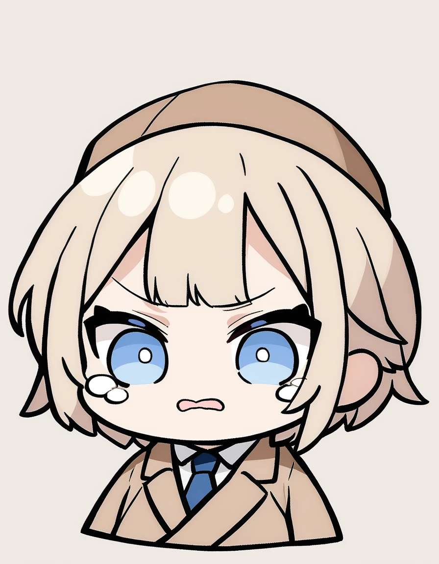 One girl, Beige hair、long、Bangs、Detective Suit、chibi,Light blue eyes、simple background、Crying face、Newsboy hat