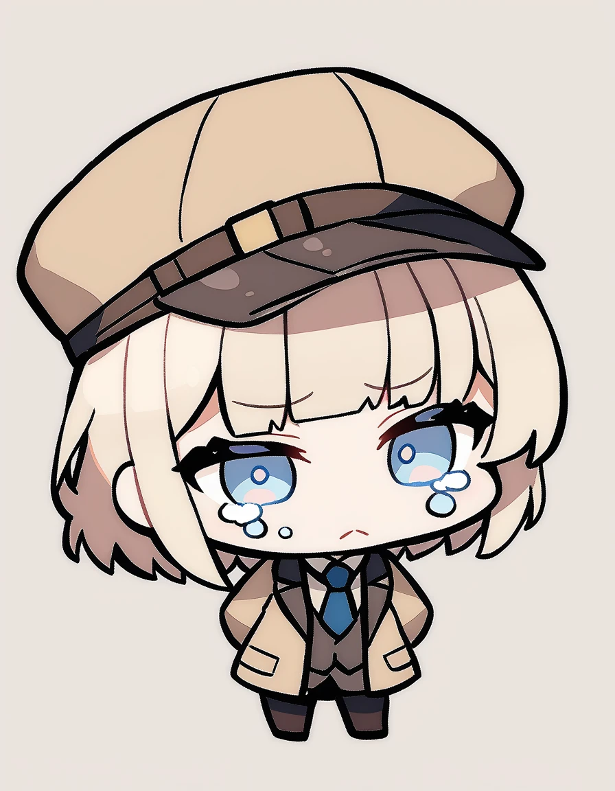 One girl, Beige hair、long、Bangs、Detective Suit、chibi,Light blue eyes、simple background、Crying face、Newsboy hat