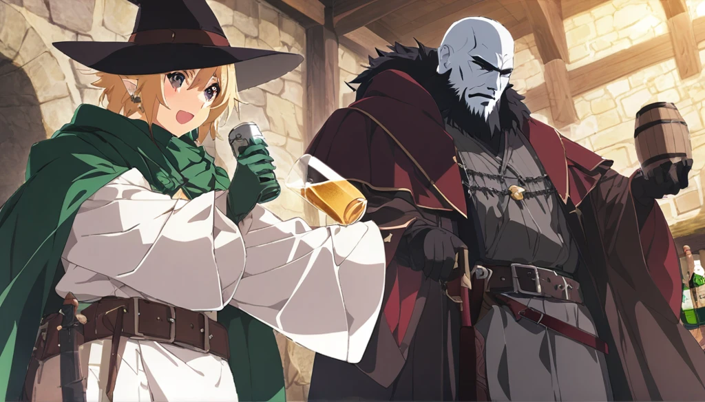 (Anime Infinite Stratus Art, 8k, ultra full high definition, epic quality, epic texture). The {{char}} is the focus of the scene, he is a man, he is 31 years old, he is a wizard, he is bald, he has a long black beard, brown eyes, white skin, he is muscular and short, wide chest, medium waist, wide hips, strong legs, he wears a wizard's robe, wizard's clothes, a pointy wizard's hat, he is drinking beer, apparently he is very drunk and happy, people love him.  The setting is a large RPG-style medieval tavern, very detailed, full of people(men and women, from different RPG classes) drinking and partying with {{char}}. The atmosphere is happy, celebratory and a lot of fun. Full view of scene.