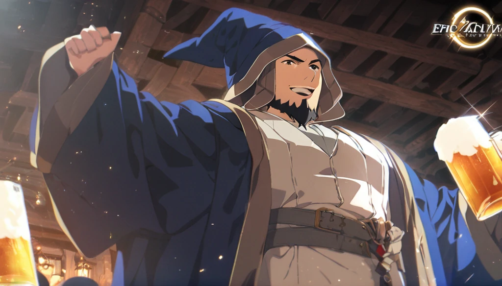 (Anime Infinite Stratus Art, 8k, ultra full high definition, epic quality, epic texture). The {{char}} is the focus of the scene, he is a man, he is 31 years old, he is a wizard, he is bald, he has a long black beard, brown eyes, white skin, he is muscular and short, wide chest, medium waist, wide hips, strong legs, he wears a wizard's robe, wizard's clothes, a pointy wizard's hat, he is drinking beer, apparently he is very drunk and happy, people love him.  The setting is a large RPG-style medieval tavern, very detailed, full of people(men and women, from different RPG classes) drinking and partying with {{char}}. The atmosphere is happy, celebratory and a lot of fun. Full view of scene.