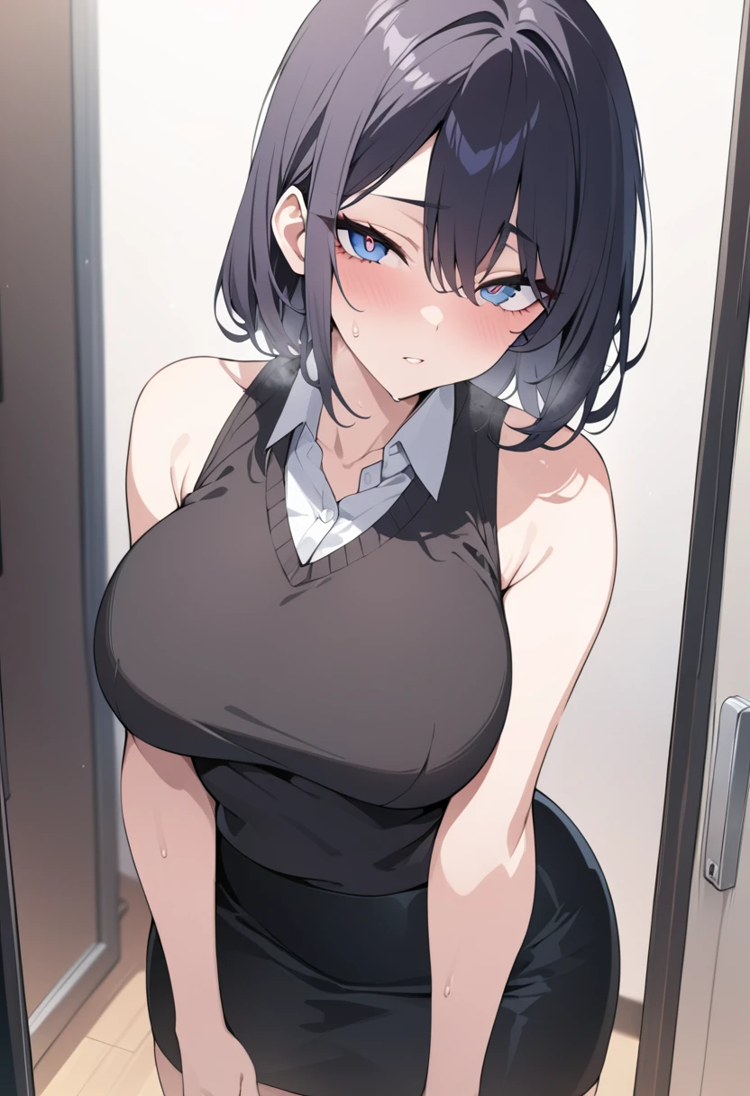 (((masterpiece))),(((High resolution)))、Beautiful office lady wearing black sleeveless sweater and pencil skirt, Looking at the camera, ((Top quality eyes)), Detailed face, ((Detailed Texture)), hentai