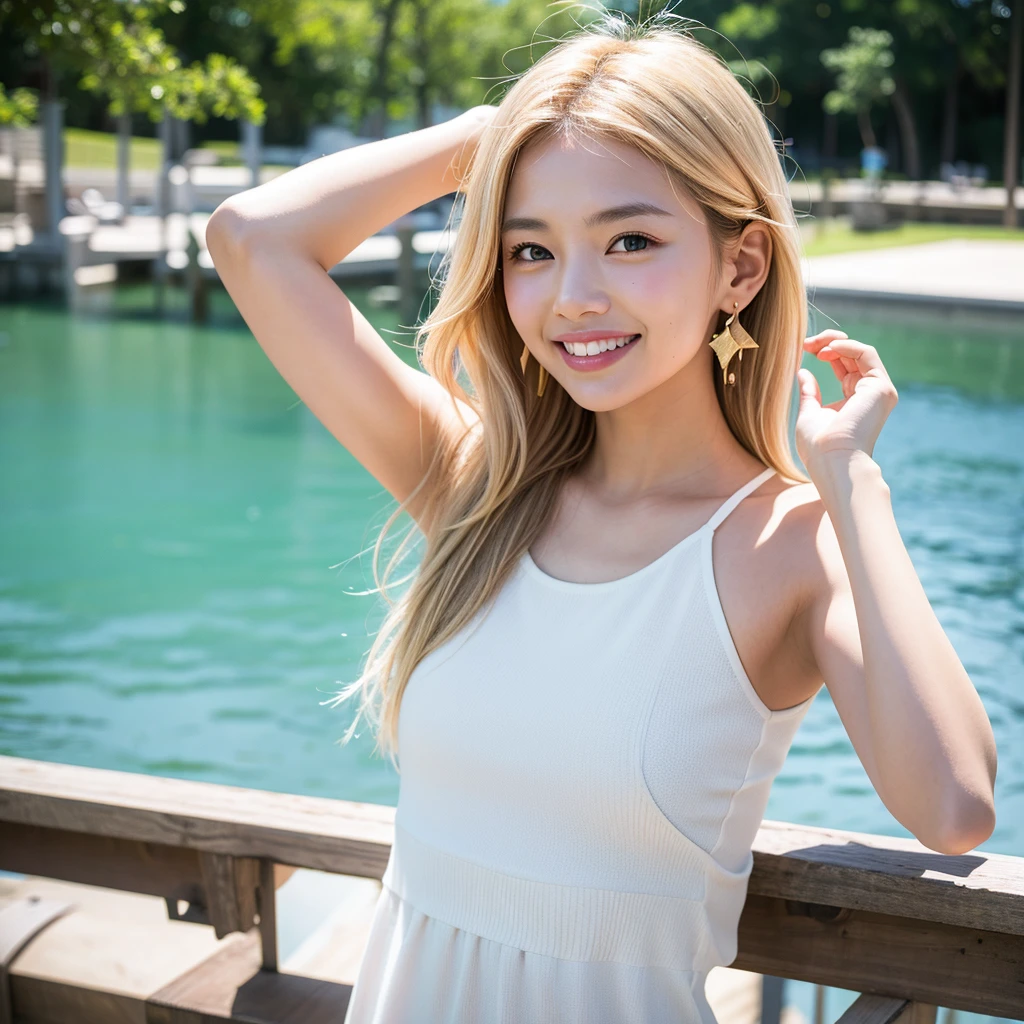 Highest quality,master piece,incredibly absurdres,photography,high resolution,lens flare,a girl, one girl,solo focus,alone,full body,perfect anatomy,Highest quality,8kbloom,a girl, one girl,solo focus,bokeh,alone,full body,standing,posing,4K,8k,raw photo,short blonde hair,Blonde、Earrings,Beautiful eyes、Japanese women,Age 25,healthy,maternal,positive,bright,kind,arms up,Trendy fashion for women in their 20s、Beautiful Skin,Fair skin,,masterpiece,Young and beautiful,Attractive woman,Dcup Bust、An innocent smile、smile、teeth、The background is a lake、night、moon、dim、The stars are beautiful、Accurate hands、Accurate legs,one girl、Anyway, so cute
