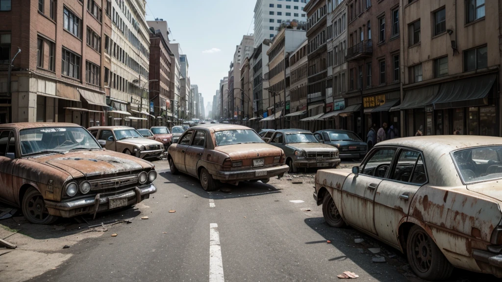 DESTROYED CITY, with rusty cars on the streets.