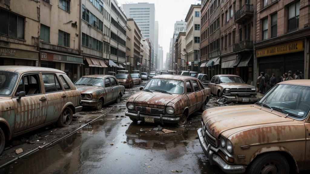 DESTROYED CITY, with rusty cars on the streets.