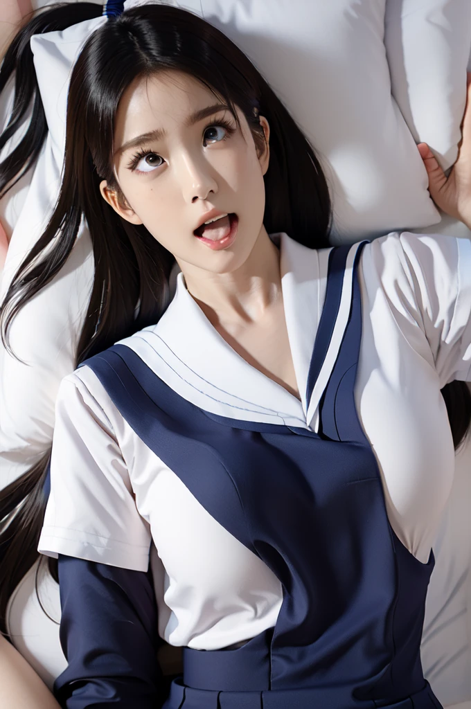 Ultra-realistic capture, Highly detailed, High resolution 16k close-up of human skin. Skin texture must be natural, With such detail that pores can be finely identified, Skin should look healthy, In a uniform tone. Use natural light and color, photo realistic, Full Body Shot, full body, jk uniform, wearing school uniform, japanese school uniform, lie in bed, come undone, ahegao,japanese girl , wearing japanese , wearing a , , , hyperrealistic , realistic , lose one's clothes, seifuku, lie on the bed