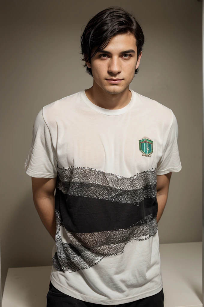 a young man with short wavy black hair, typical Italian, he has no expression on his face, he does not smile, the photo was taken in a photo studio, we only see his portrait the background is entirely white