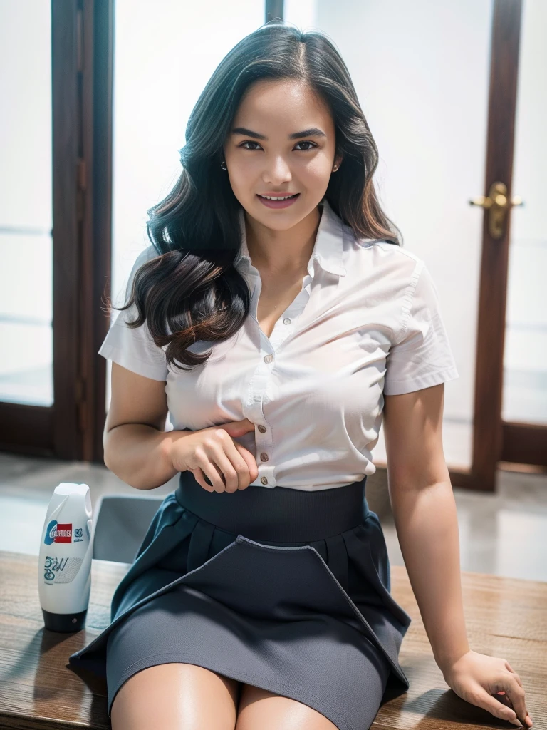 1girl, solo, 19 years old, sensual, top-quality, (professional lighting without shadows), view from far, (ultra wide angle shot: 1.4), (Indonesian_high_school), fit body, long hair, beautiful hairstyle, very seductive pose, little smile, sitting on top of a table, detailed face, detailed eyes, unparalleled beauty, looking at the audience, thick breasts, detailed skin, fit thighs, muscular arms, muscular belly, looking at the viewer, wearing very short grey blue skirt, wearing white shirt, (8k, RAW photo, best quality, masterpiece: 1.2), (realistic, realistic: 1.5), ultra-high resolution, hyper-realistic