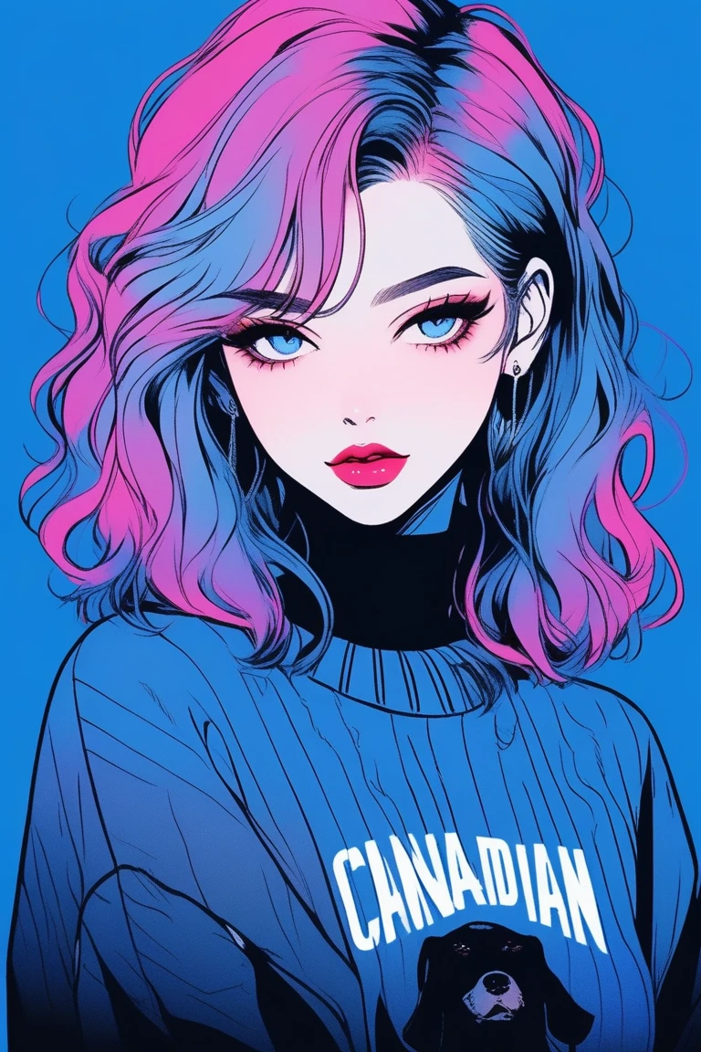 (best quality, sketch:1.2),realistic,illustrator,anime,1 girl, detailed lips,sweater,custom,blue gradient background,neon hair,textured cropping,Canadian, masterpiece, style retro classic, noir dark