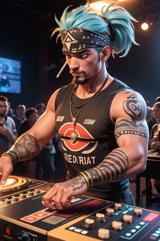 (Highly detailed CG Unity 8k wallpaper), The most beautiful works of art in the world, A blindfolded man is playing a game, Lots of tattoos,(Holding a cigarette),Large crowd in the background,Party Time,Turntablist, portrait of lucha libre DJ, turntablism DJ scratching, ,((Highly detailed skin and facial textures:1.3, Ultra detailed face, Detailed arms, Beautiful attention to detail)),DJ, DJ set, DJ rave party, DJ at a party, Labor&#39;s Photo, DJ sura, DJing with DJ turntables, Tokyo Cyberpunk Night on the Roof, Amen wins the jungle 