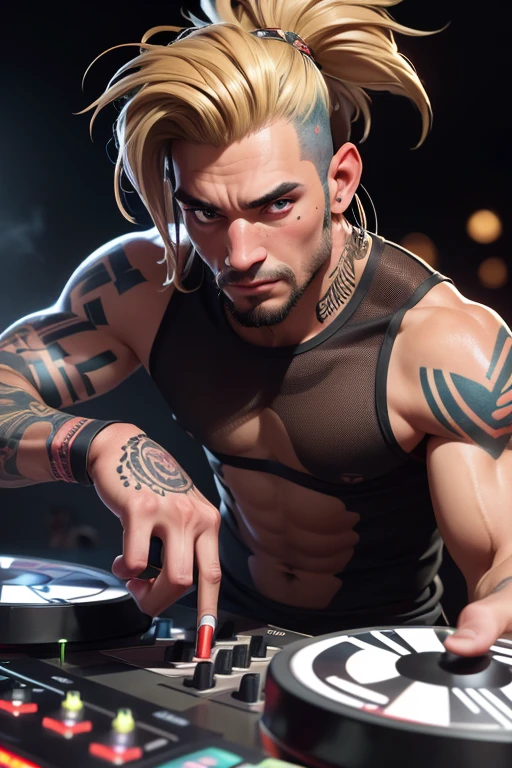 (Highly detailed CG Unity 8k wallpaper), The most beautiful works of art in the world, A blindfolded man is playing a game, Lots of tattoos,(Holding a cigarette),Large crowd in the background,Party Time,Turntablist, portrait of lucha libre DJ, turntablism DJ scratching, ,((Highly detailed skin and facial textures:1.3, Ultra detailed face, Detailed arms, Beautiful attention to detail)),DJ, DJ set, DJ rave party, DJ at a party, Labor&#39;s Photo, DJ sura, DJing with DJ turntables, Tokyo Cyberpunk Night on the Roof, Amen wins the jungle 