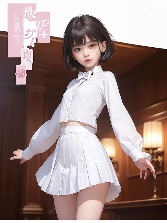 (masterpiece、Highest quality:1.7)、(12 years old:1.5)、(Full body shot:1.5)、((Bobcut、Black Hair))、85mm、16K、Official Art、RAW Photos、Best Beautiful Faces、Close-up、Violet、Gardenia、((The best beautiful girl、very cute))、Red blush on cheeks、((indoor))、(Are standing:1.8)、Film Grain、Chromatic Aberration、Sharp Focus、(((Nice hands、Perfect hands、Perfect Fingers、Thin and delicate fingers、A perfect body without flaws)))、Detailed face、(Slender body:1.5)、(Slender body:1.1)、(Slim upper body:1.1)、(Small and flat bust:1.7)、(Narrow thighs:1.3)、(Let your bangs hang down:1.8)、(Blushing:1.8)、(Low contrast lighting:1.4)、(襟t付きのwhiteタイトビジネスブラウス:1.5)、((white)Bowtie blouse:1.5)、(Long sleeve: 1.4)、(Very short length(white)Pleated mini skirt:1.8)、(Cover your chest with your palms:1.7),(The wind is blowing up her skirt:1.8),(Low angle from below:1.8)