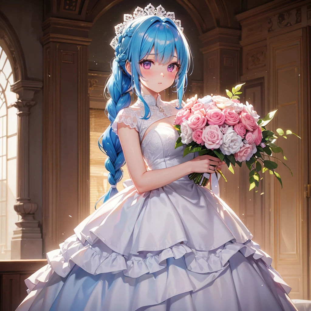 Sky blue hair, (Braided Ponytail),(Pink Eyes),Fair skin ,(whole body),(1 girl),bride,blush,Straight bangs, 6月のbride,Wedding dress,(masterpiece, Highest quality, Very detailed, Best Shadow), (Detailed Background), (Beautifully detailed face), High Contrast, (Best lighting, Very delicate and beautiful), ((Cinematic Light)), colorful, Hyper Detail, Dramatic Light, Intricate details,Wedding hall,