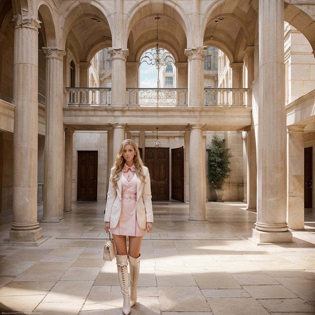 Image is a stylish and elegant photograph taken in a grand, classical-style courtyard with a glass ceiling. The layout features a central figure, a woman with long, wavy blonde hair adorned with a large pink bow. She is dressed in a white blazer and matching knee-high boots, carrying a small pink handbag. The background showcases a beige stone building with large arched windows and intricate architectural details. There are two white statues of horses on pedestals, adding to the sophisticated ambiance. The overall composition is balanced and aesthetically pleasing, highlighting the contrast between the modern fashion and the historic setting.