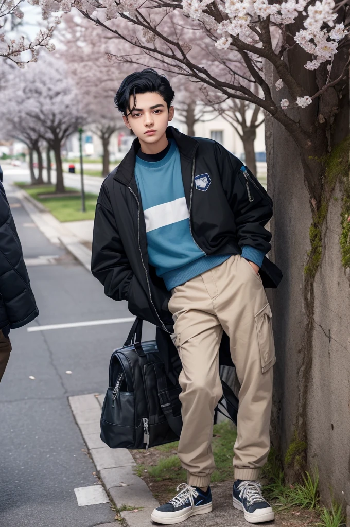 18 year old boy; slicked black hair; light blue eye; black jersey ; gray jacket; beige cargo pants; black sneakers; leaning against a cherry tree 
