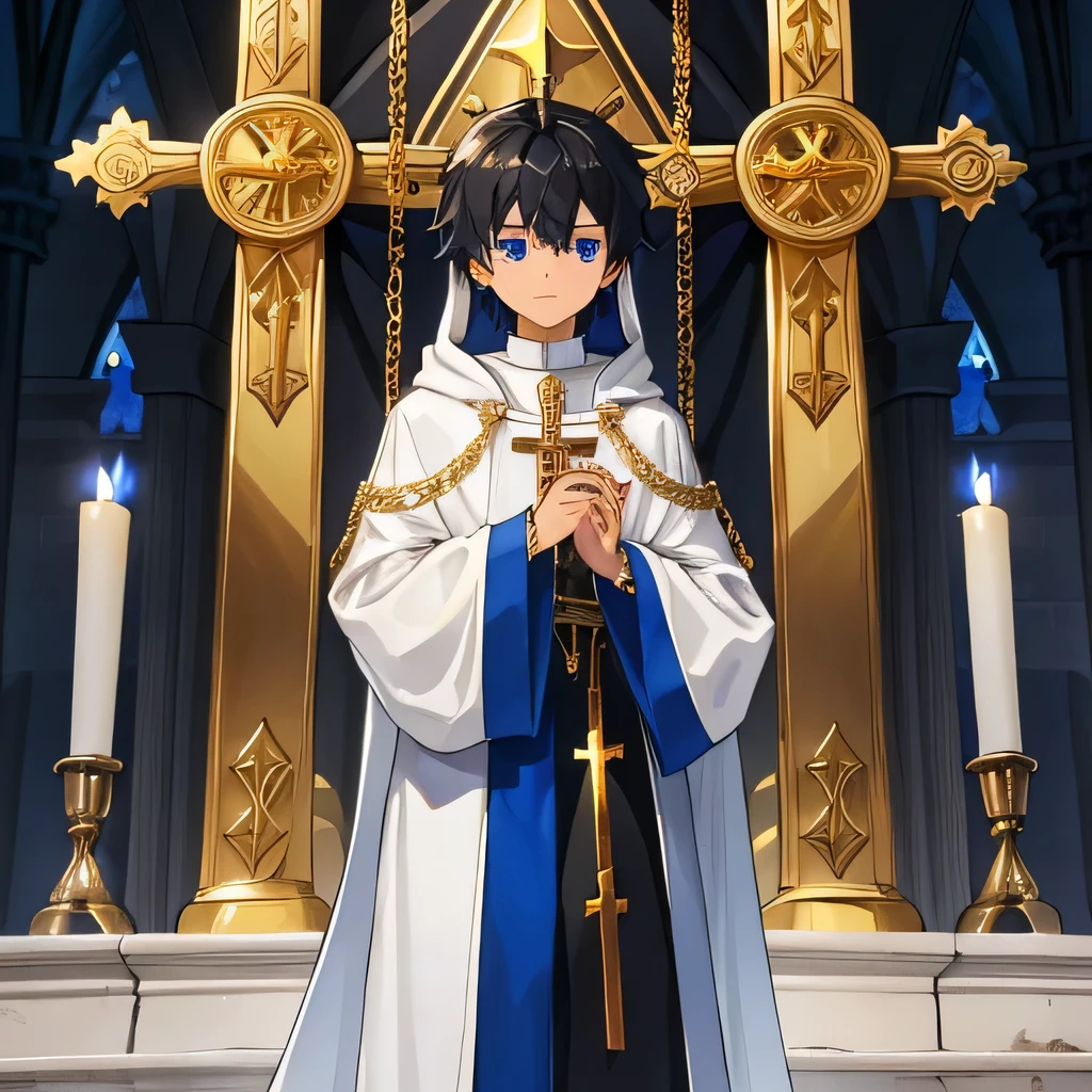 Human,priest,cathedral,kid,black hair,white robe,golden lining,2 golden chains with crosses,sort,silver ring with a blue stone,with blue eyes