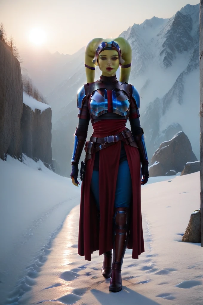 a ((fall body)) hera syndulla 
 ((female twi'lek ))mandalorian,walking on snow fire, beautiful detailed eyes, beautiful detailed lips, extremely detailed face, long eyelashes, mandalorian armor, sci-fi, cinematic lighting, dramatic, epic, intricate details, hyper-realistic, 8k, high-quality, photorealistic
