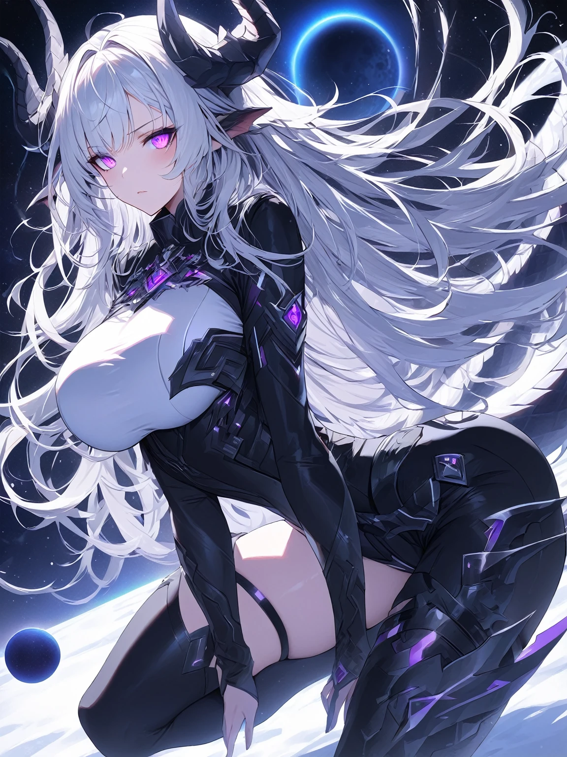 Masterpiece, very detailed, ultra detailed, one, (1 woman), she is in a close ancient black futuristic military uniform, and in an full position, long hair, bright white hair, snow-white hair and haircut on the sides, white dragon horns, Sharp dragon ears, beautiful, charming, bright purple eyes, neon eyes, bright eyes, elegant, big breasts, serious face, cold face, charming, against the background of space planets and a black hole.