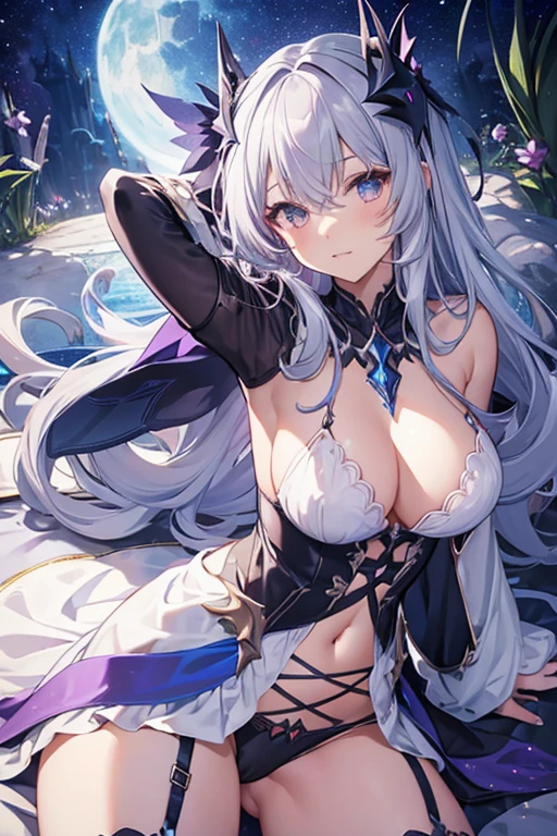 Fairy Knight Lancelot (destiny), One girl, alone, Long Hair, chest, View your viewers, bangs, underwear, tail, Gray Hair, mask, Top-down Bottom-up, flexible, Body pattern, Armrest, Jack O' Challenge, Hands on the ground