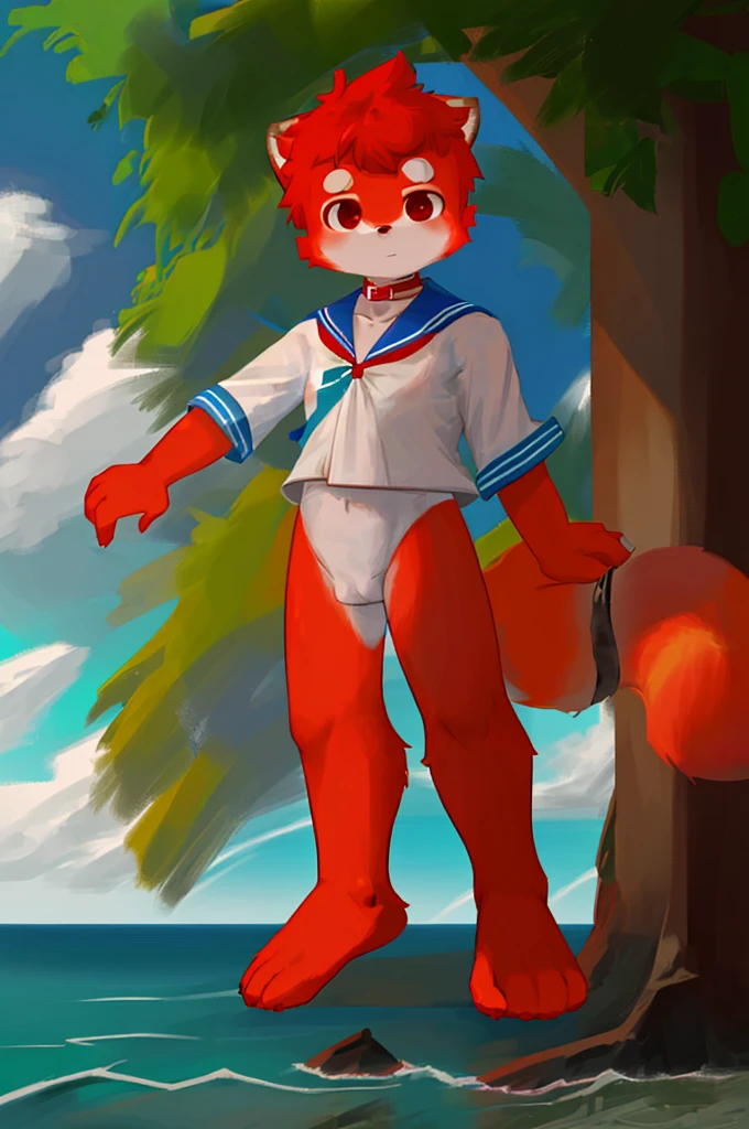 Red Panda Boy,8k resolution,Furry,          Ocean,Sailor suit,Red collar,Two legs,Stand up on your own two feet！                Towering,spindly,spindly,：slim body,：tall