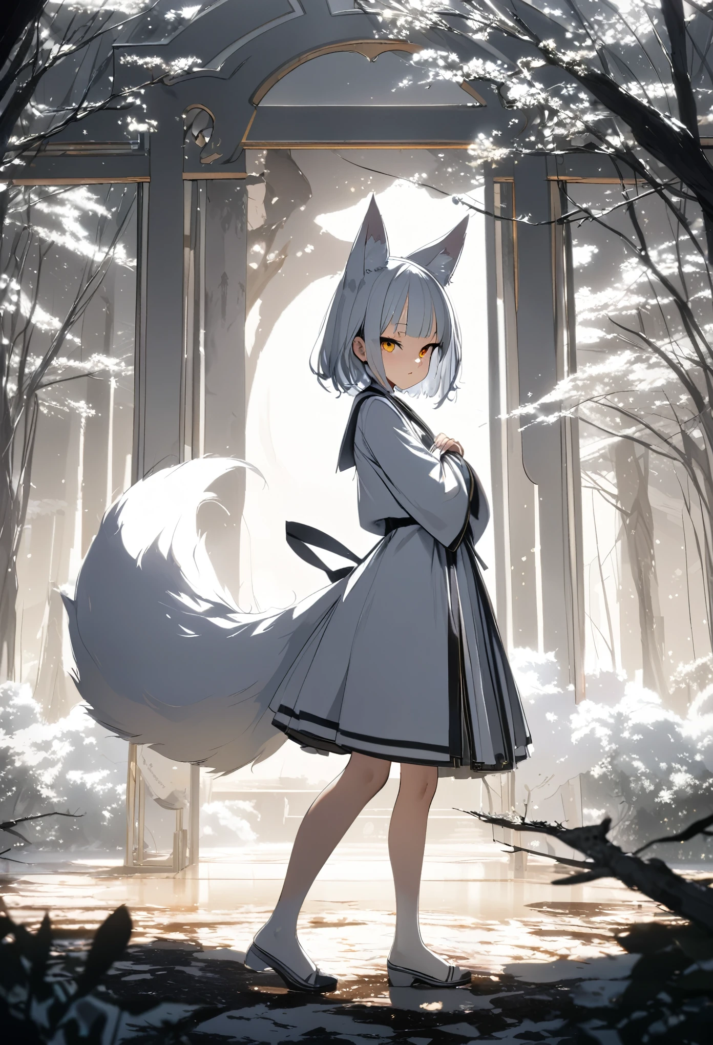 a young kitsune girl ((1 white fluffy tail)), stand, standing sideways to the viewer, head turned to the viewer, hands folded together, branches of a white tree nearby drawn with ink, masterpiece, professional artist, detailed, high resolution, cinematic, cinematic lighting, ((harmony)), artist: ke-ta, dfer32, asanagi,