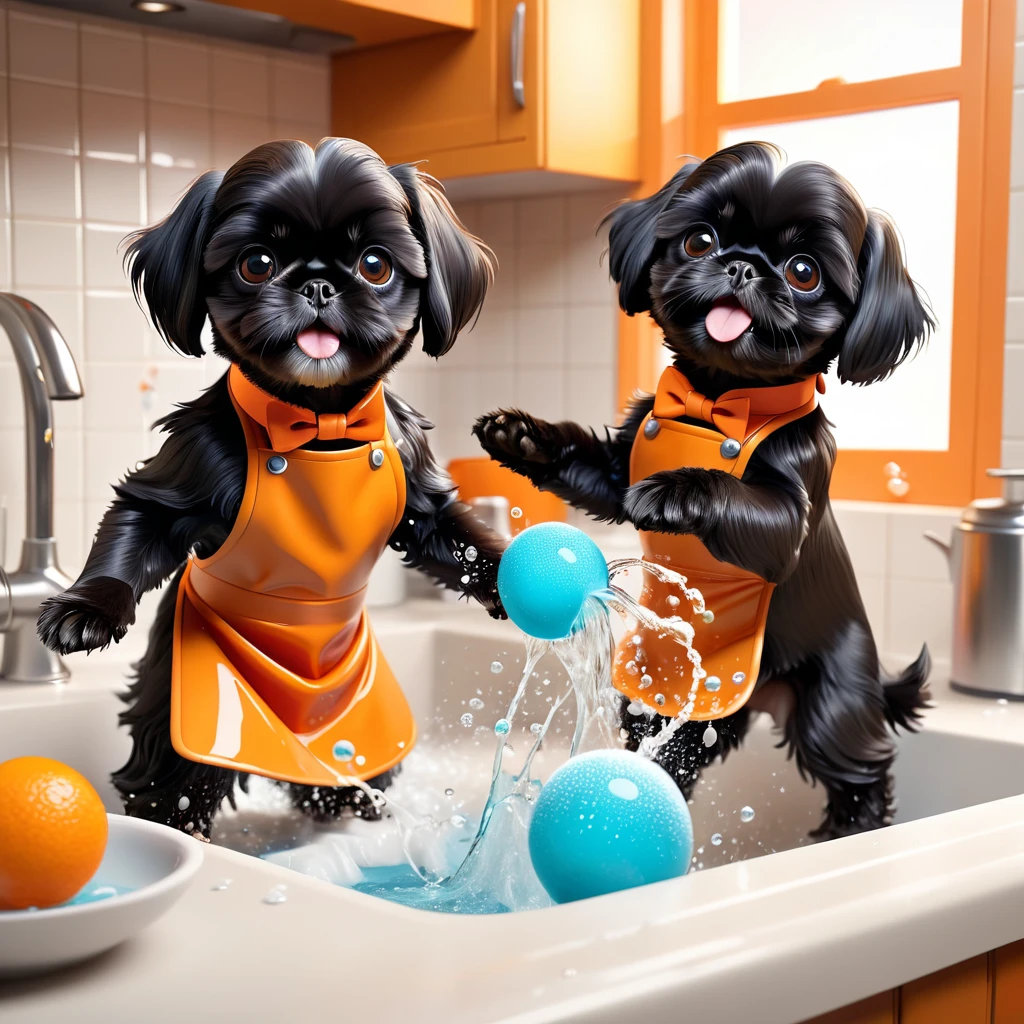2 adorable small black shih tzu puppies, wearing orange collars and aprons, playing in sink, making a mess in disney kitchen, 3d cartoon, 3d render, disney pixar style, cute, adorable, cinematic lighting, high contrast, vibrant colors, photorealistic textures, intricate details, glossy, shiny, wet surfaces, splashing water, bubbles, foam, playful, mischievous, expressive, soft focus, depth of field, warm tones, studio lighting