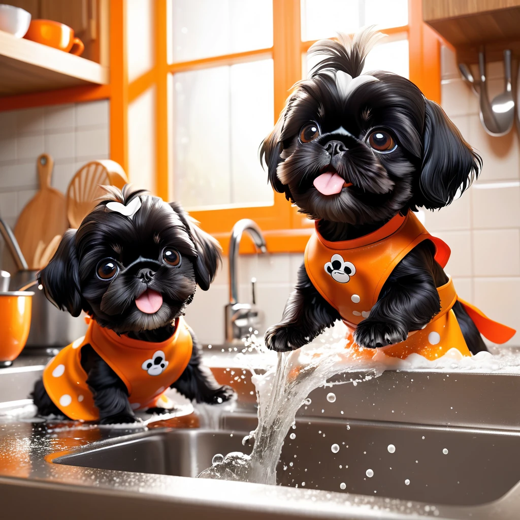 2 adorable small black shih tzu puppies, wearing orange collars and aprons, playing in sink, making a mess in disney kitchen, 3d cartoon, 3d render, disney pixar style, cute, adorable, cinematic lighting, high contrast, vibrant colors, photorealistic textures, intricate details, glossy, shiny, wet surfaces, splashing water, bubbles, foam, playful, mischievous, expressive, soft focus, depth of field, warm tones, studio lighting