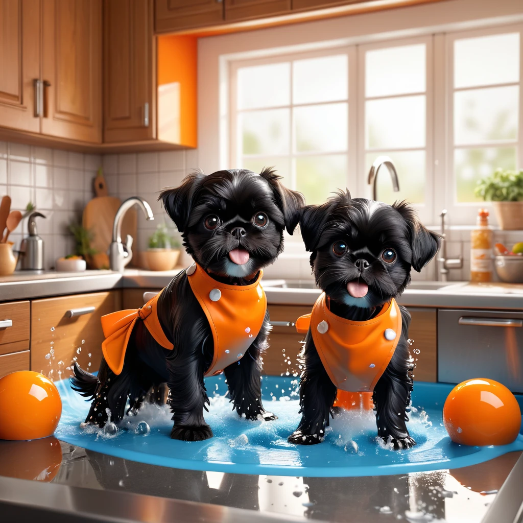 2 adorable small black shih tzu puppies, wearing orange collars and aprons, playing in sink, making a mess in disney kitchen, 3d cartoon, 3d render, disney pixar style, cute, adorable, cinematic lighting, high contrast, vibrant colors, photorealistic textures, intricate details, glossy, shiny, wet surfaces, splashing water, bubbles, foam, playful, mischievous, expressive, soft focus, depth of field, warm tones, studio lighting