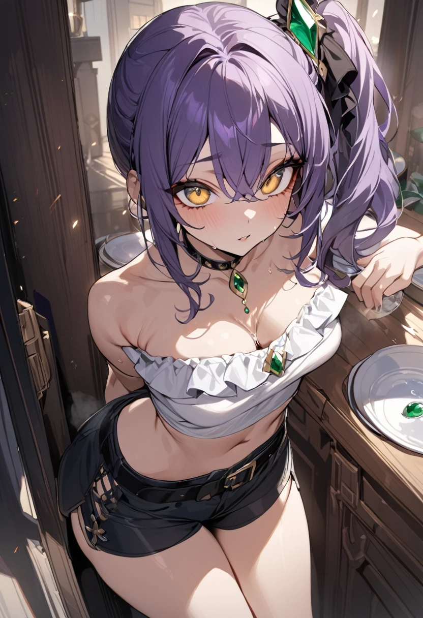 1 girl, masterpiece, top quality, fair skin, golden eyes, big eyes, dark purple hair, side ponytail, shorts, black belt, green jewel, frills, holy water