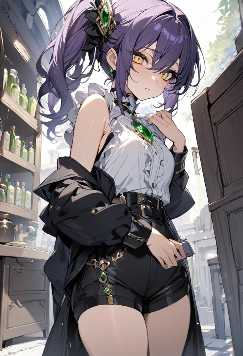 1 girl, masterpiece, top quality, fair skin, golden eyes, big eyes, dark purple hair, side ponytail, shorts, black belt, green jewel, frills, holy water