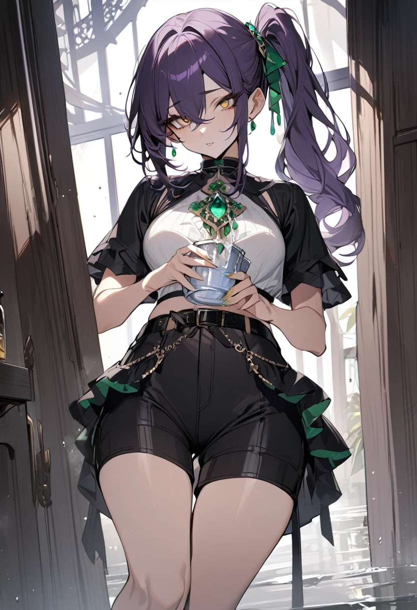 1 girl, masterpiece, top quality, fair skin, golden eyes, big eyes, dark purple hair, side ponytail, shorts, black belt, green jewel, frills, holy water