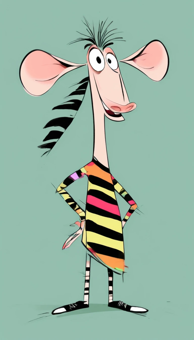 (((Exaggerated digital character sketches:1.37))).(1 zebra,(Exaggerated expression,),(Black sketch lines,Loose brushstrokes create the outline,Cartoon Style. Bright colors and simplified lines, sketch)。(Exaggerated body movements),(Large area of blank)