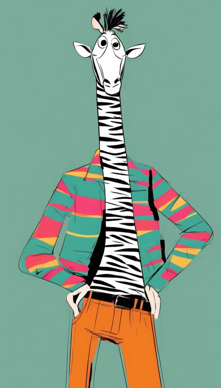 (((Exaggerated digital character sketches:1.37))).(1 zebra,(Exaggerated expression,),(Black sketch lines,Loose brushstrokes create the outline,Cartoon Style. Bright colors and simplified lines, sketch)。(Exaggerated body movements),(Large area of blank)