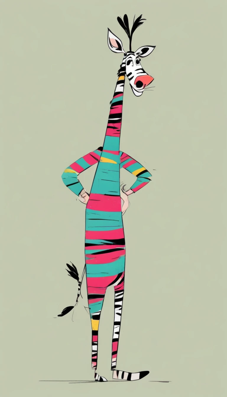 (((Exaggerated digital character sketches:1.37))).(1 zebra,(Exaggerated expression,),(Black sketch lines,Loose brushstrokes create the outline,Cartoon Style. Bright colors and simplified lines, sketch)。(Exaggerated body movements),(Large area of blank)