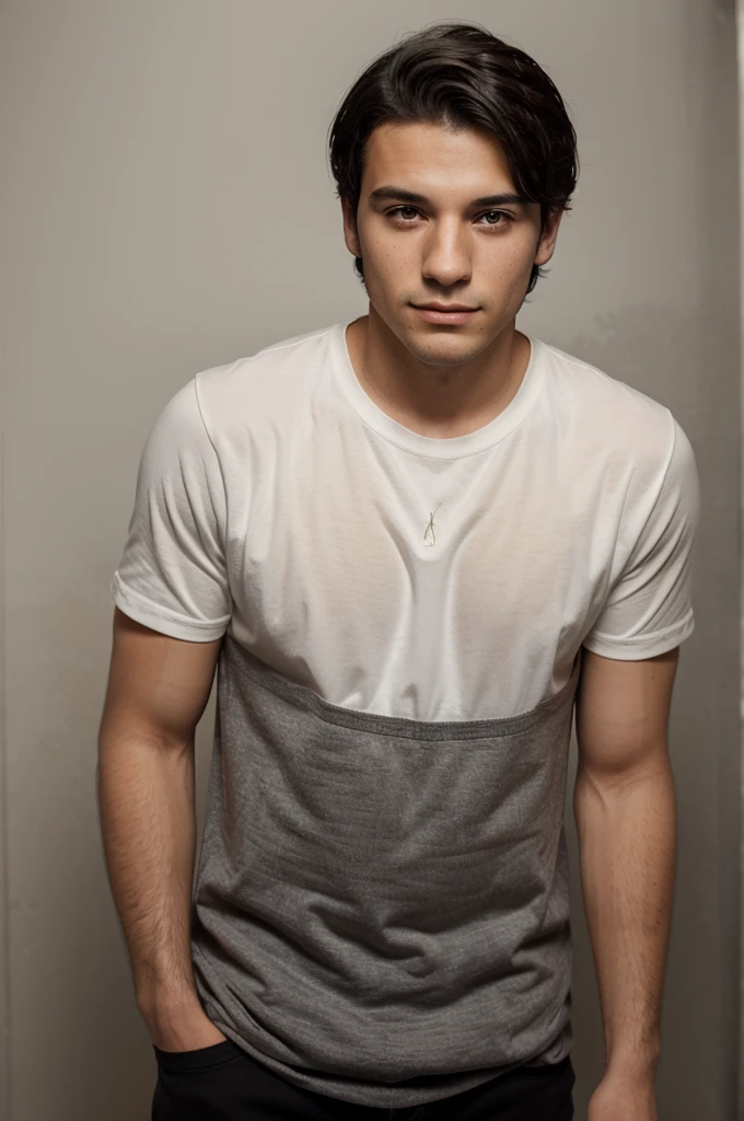 a very handsome young man with short wavy black hair, typical Italian, he has no expression on his face, he does not smile, the portrait was taken in a photo studio, the background is entirely white