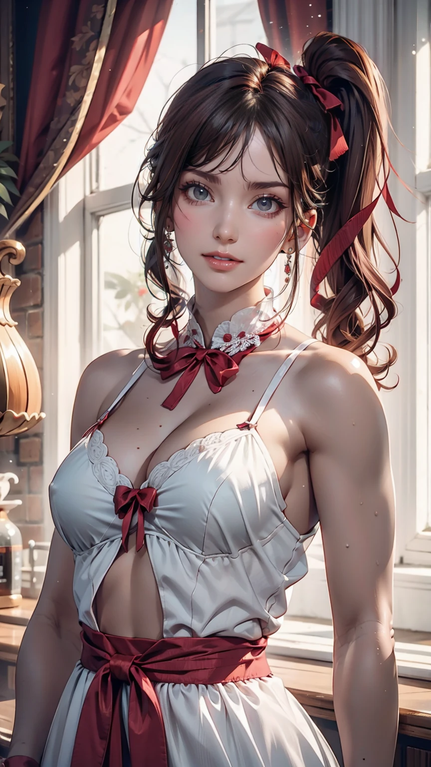 A very delicate and cute girl with pink hair and a ta dress. 8K ultra-high image quality, Delicate texture, Pure white background.24-year-old female、Sexy proportions、Sexy breasts、Narrow waist、Long eyelashes、Side Ponytail((side ponytail))、hair band((hair ribbon))、Red hair、Textured skin((textured skin))