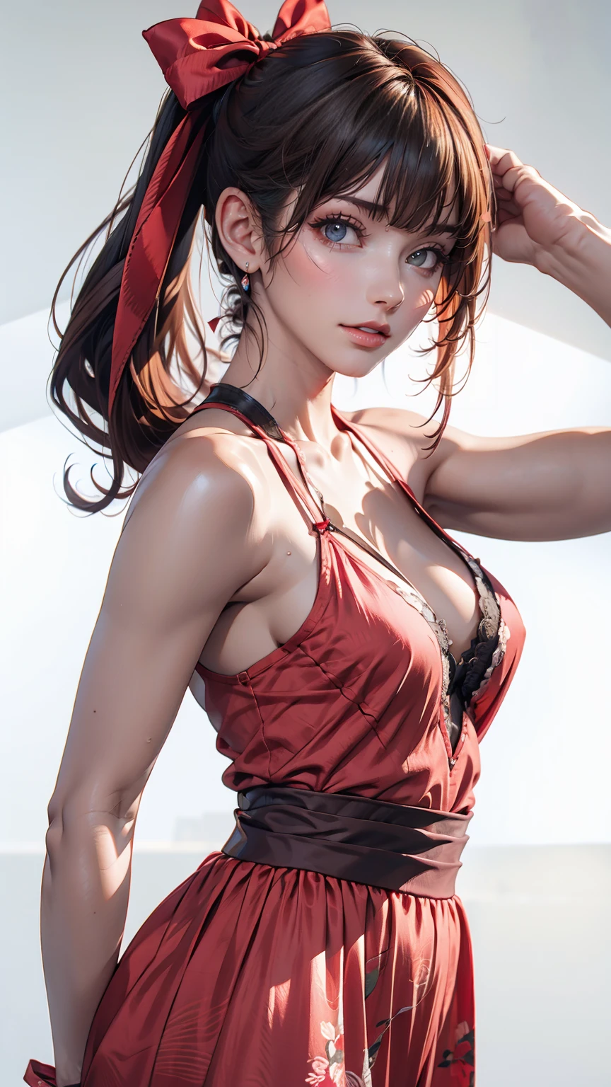 A very delicate and cute girl with pink hair and a ta dress. 8K ultra-high image quality, Delicate texture, Pure white background.24-year-old female、Sexy proportions、Sexy breasts、Narrow waist、Long eyelashes、Side Ponytail((side ponytail))、hair band((hair ribbon))、Red hair、Textured skin((textured skin))