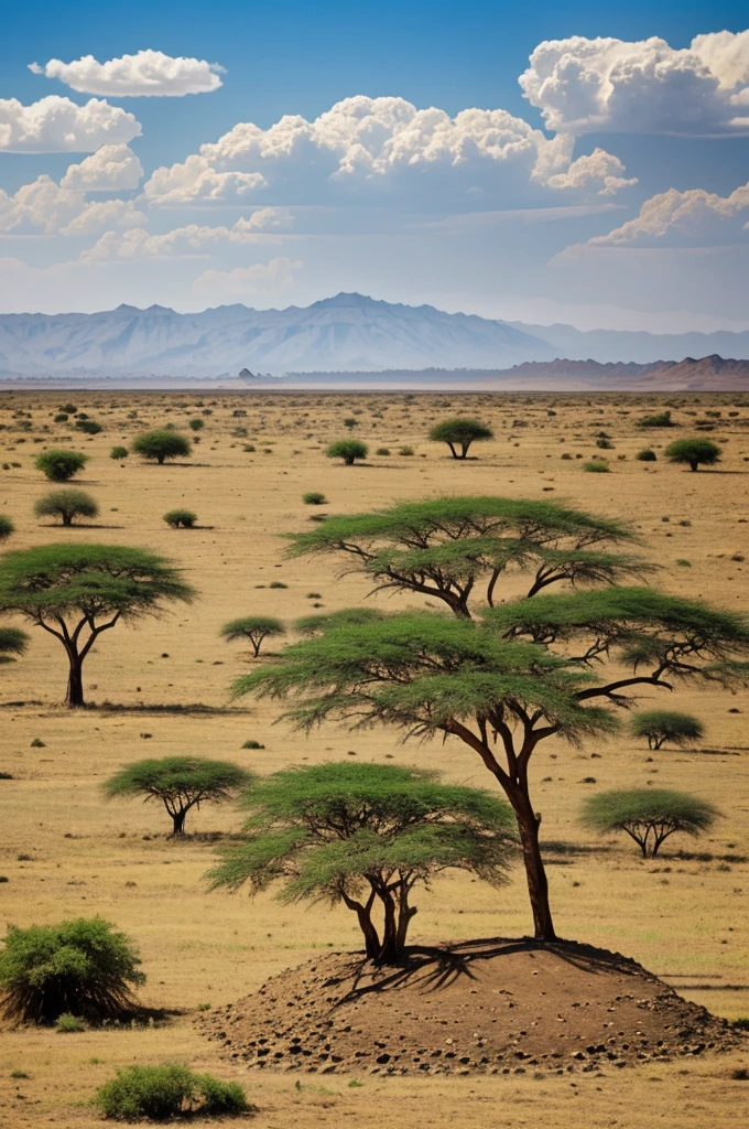An ancient landscape in Ethiopia, featuring a vast savannah with scattered acacia trees under a clear blue sky. In the foreground, a fossilized skull of an early human ancestor partially buried in the ground, with distant mountains visible in the background, symbolizing the cradle of humanity."