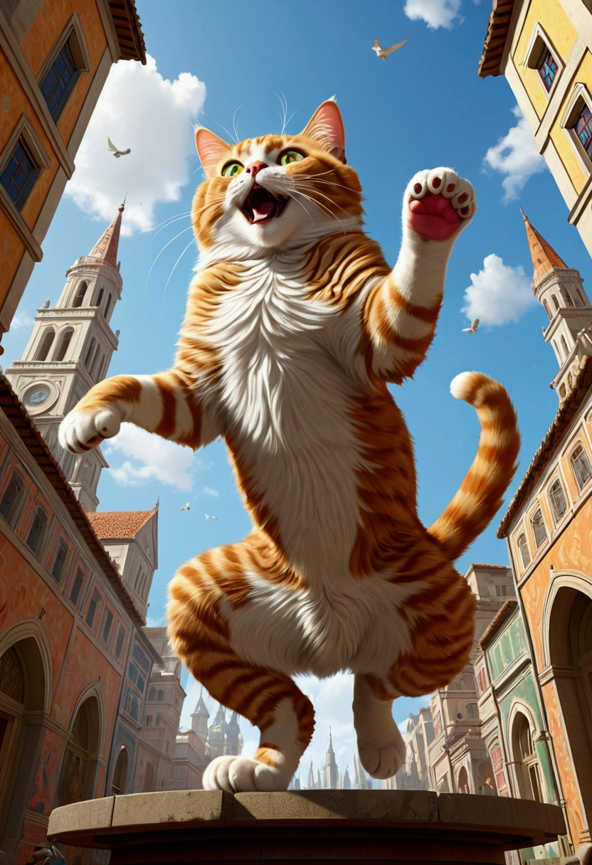 (Giant Cat, exaggerate Giant), from below, in the style of playful cartoon illustration, realistic and hyper-detailed rendering, interactive media, realistic, detailed rendering, joyful chaos, full body, award-winning, cinematic still, emotional, vignette, dynamic, vivid, (masterpiece, best quality, Professional, perfect composition, very aesthetic, absurdres, ultra-detailed, intricate details:1.3)