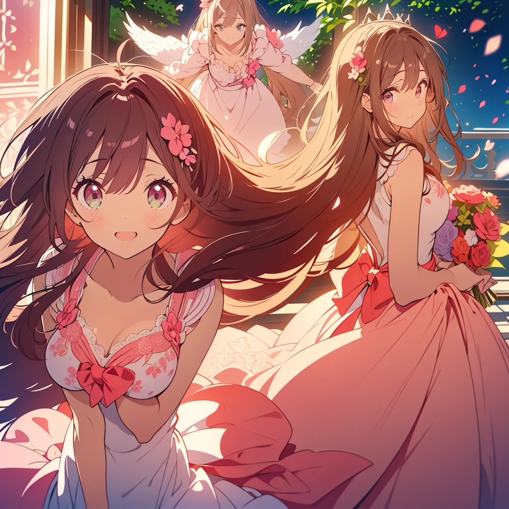 kawaii, anime, Cute, hyper quality, highly detailed, 8k, Clarity, dark brown long hair, pink bougainvillea, green eyes, droopy pink bougainvillea flower garden, bougainvillea, bougainvillea lace, pink wedding dress, light shines in, pink bougainvillea flowers, pink bougainvillea bouquet, dignity, platinum tiara, pink wedding dress, highlight on eyes, Looking back, Pose with movement, whole body, Uplifting, Inciting point of view, special perspective, smile dignifiedly, close up of face, Draw facial expressions in detail, the dress is fluttering, dignified stance, petals dance, 	