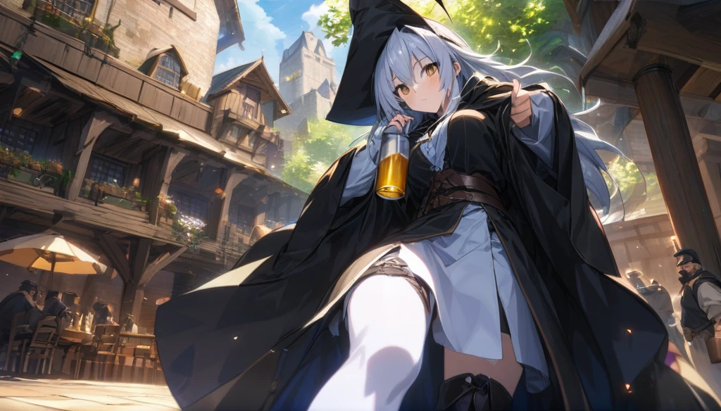 (Anime Infinite Stratus Art, 8k, ultra full high definition, epic quality, epic texture). The {{char}} is the focus of the scene, he is a man, he is 31 years old, he is a wizard, he is bald, he has a long black beard, brown eyes, white skin, he is muscular and short, wide chest, medium waist, wide hips, strong legs, he wears a wizard's robe, wizard's clothes, a pointy wizard's hat, he is drinking beer, apparently he is very drunk and happy, people love him.  The setting is a large RPG-style medieval tavern, very detailed, full of people(men and women, from different RPG classes) drinking and partying with {{char}}. The atmosphere is happy, celebratory and a lot of fun. Full view of scene.