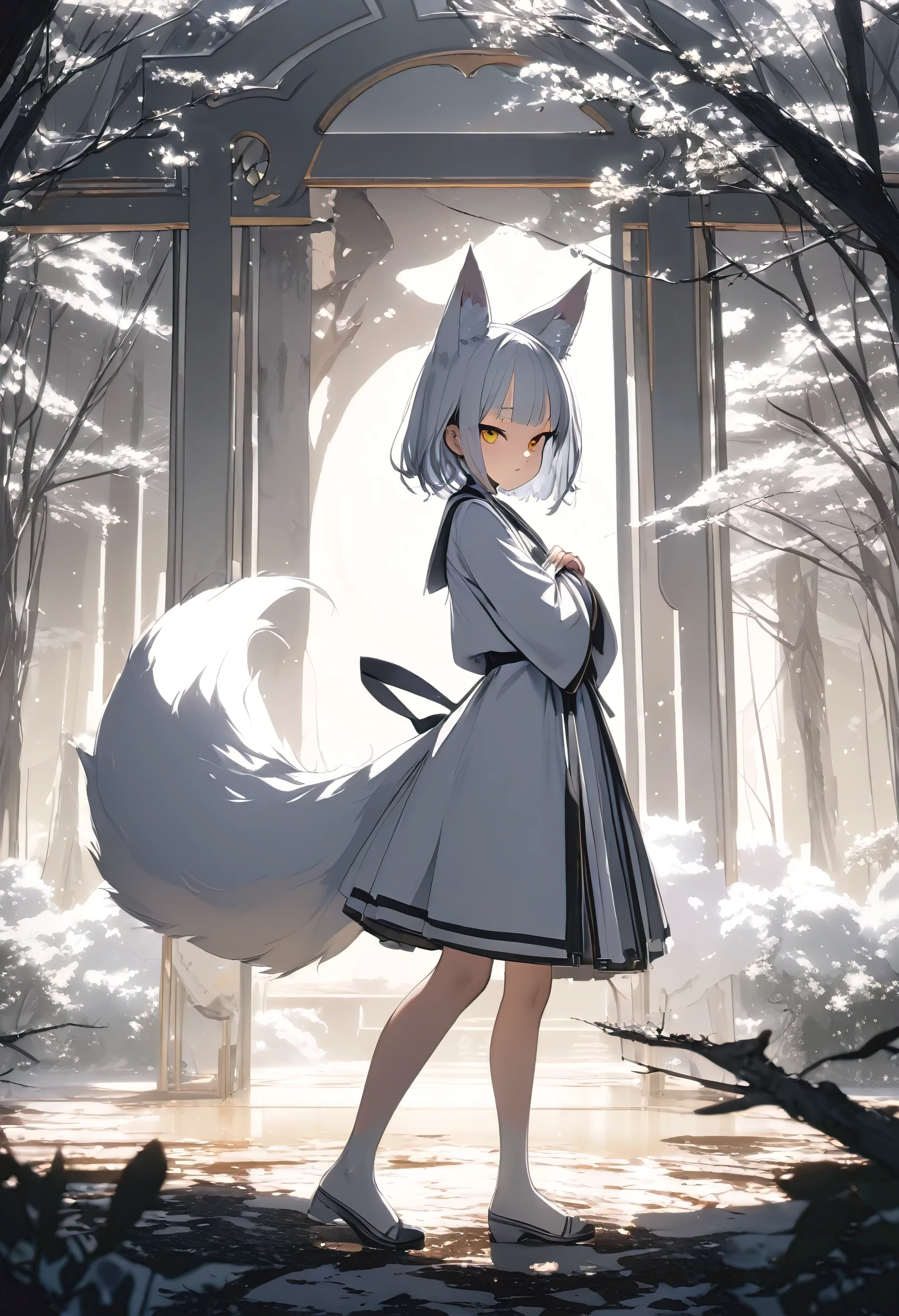 a young kitsune girl ((1 white fluffy tail)), stand, standing sideways to the viewer, head turned to the viewer, hands folded together, branches of a white tree nearby drawn with ink, masterpiece, professional artist, detailed, high resolution, cinematic, cinematic lighting, ((harmony)), artist: ke-ta, dfer32, asanagi,