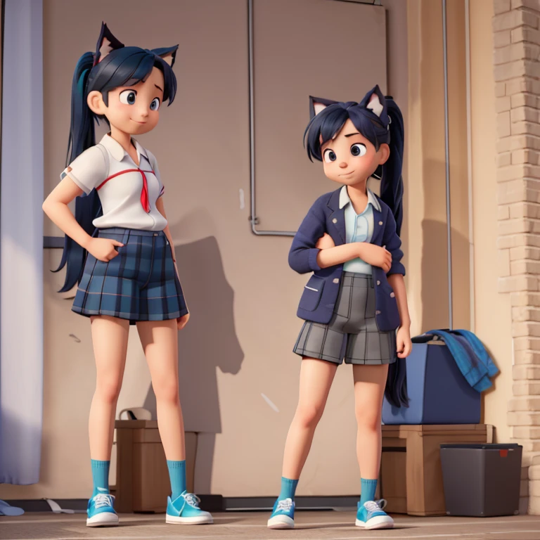 Masterpiece, solo, 1girl, full body, looking at viewer, smile, standing, baserika, twintails, long hair, red eyes, hair ribbon, collared shirt, blue necktie, blazer, armband, plaid skirt, single knee pad, bike shorts, shorts under skirt, sneakers, Disney Pixar style