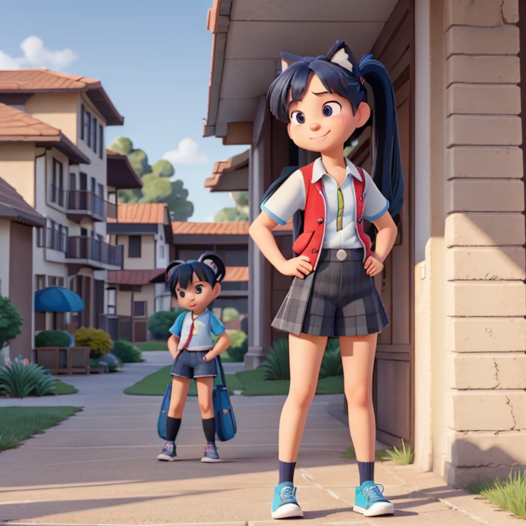 Masterpiece, solo, 1girl, full body, looking at viewer, smile, standing, baserika, twintails, long hair, red eyes, hair ribbon, collared shirt, blue necktie, blazer, armband, plaid skirt, single knee pad, bike shorts, shorts under skirt, sneakers, Disney Pixar style