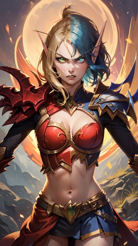 (1girl, blue hair, short hair, spiral eyes, angry, clenched teeth) (digital) (looking at viewer) (upper body) (standing), (Dark Purple Sparkling Forest background), (short skirt)) , best quality, pointy ears, colored skin, blue skin, glowing, cleavage, armor, navel, Abdomen, voidelf,