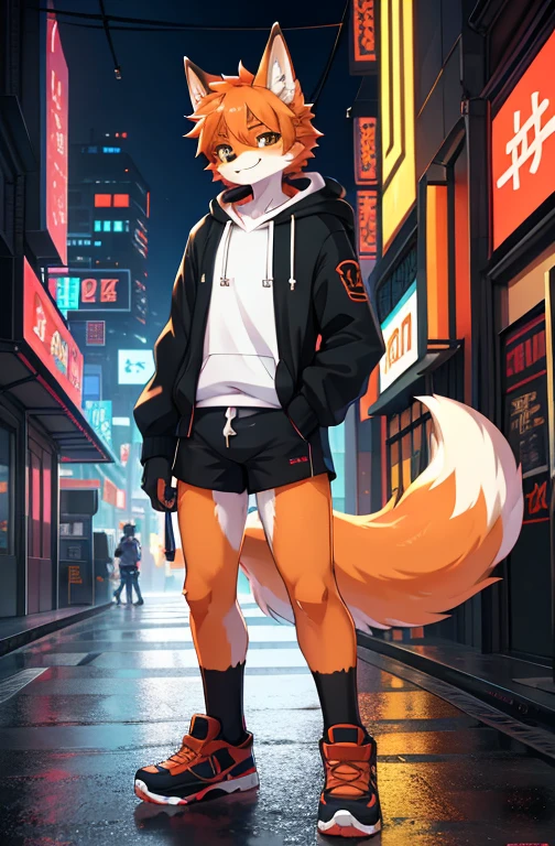 Furry,Fox,boy,8k resolution,最high resolution,                   high resolution,Landscape of a big city,Street style clothing, hoodie,Cityscape with skyscrapers！Tokyo？